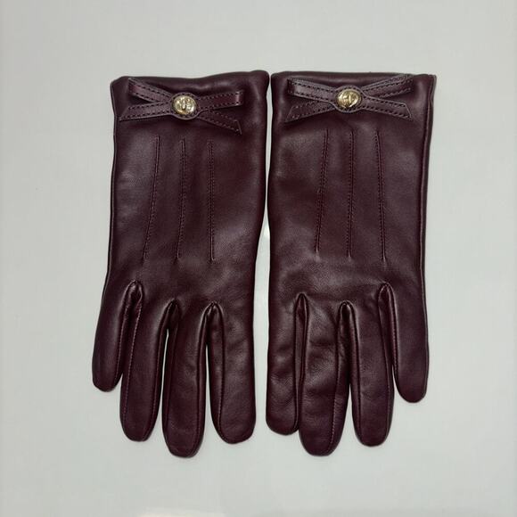 COACH Turnlock Ribbon Gloves Sheep Leather Brown Plain Ladies Bow Double Stitch - Picture 1 of 5